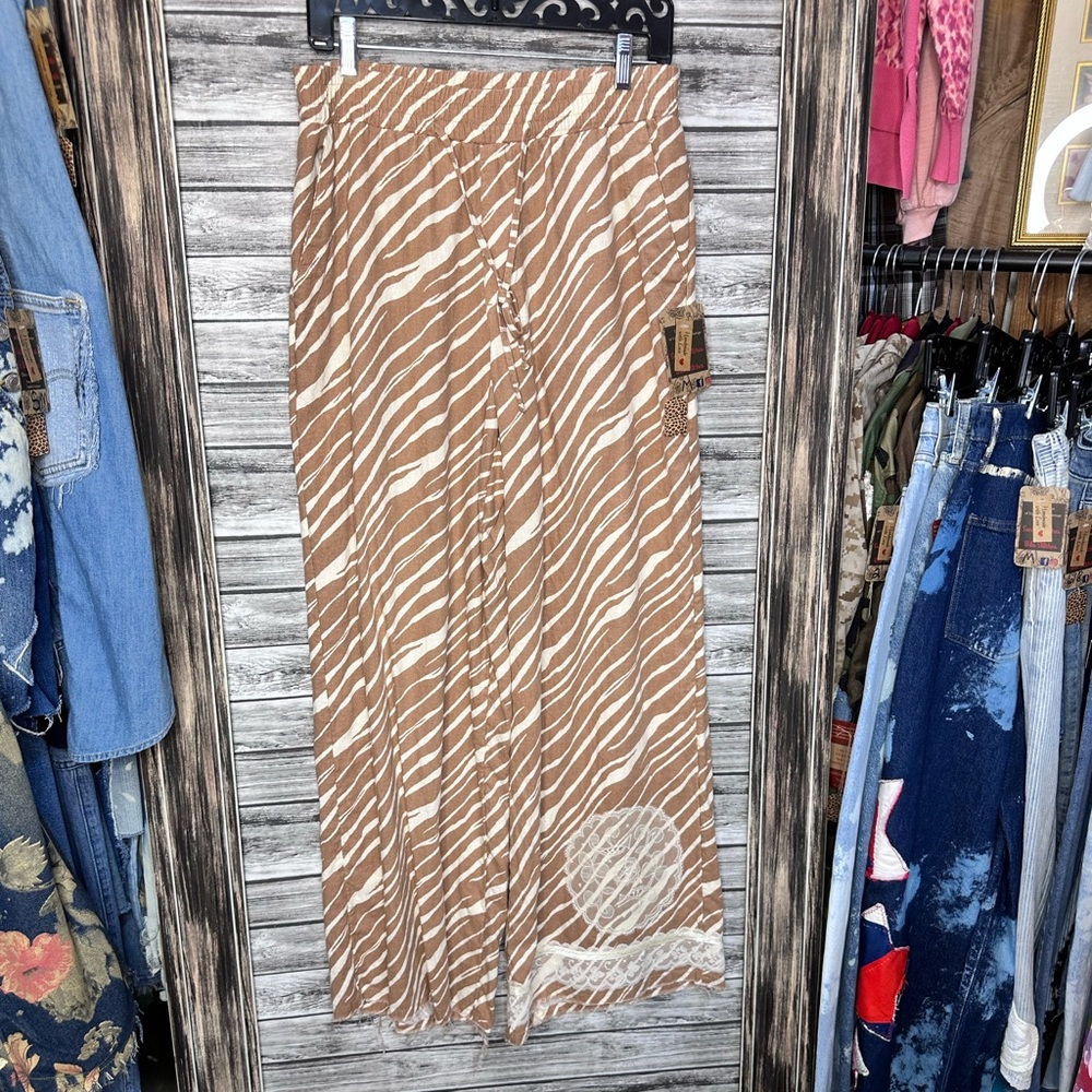 Artisan UpCycled Brown Cream Vintage Animal Print Palazzo wide Leg Pants Boho M